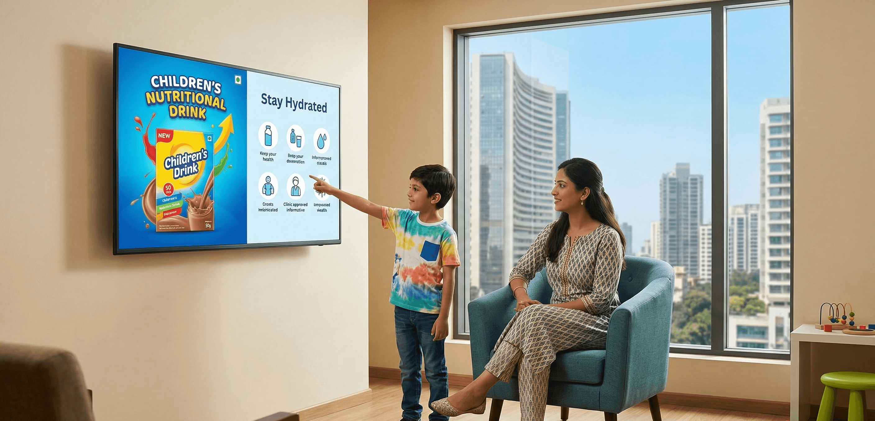 Clinic waiting room display showing health information